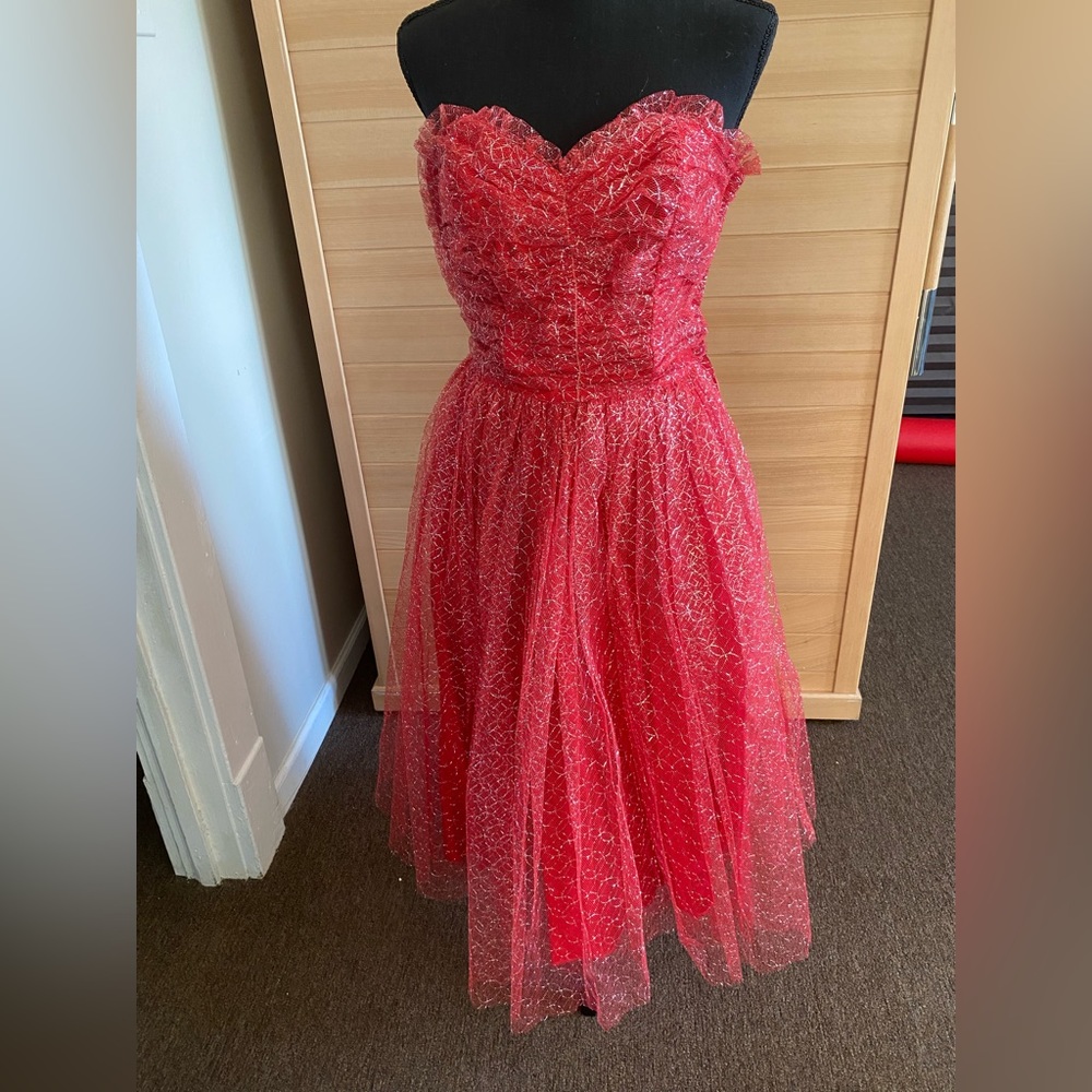 Vintage 1950s 1960s Handmade Ruffle Midi Formal Dress Coral Pink Prom